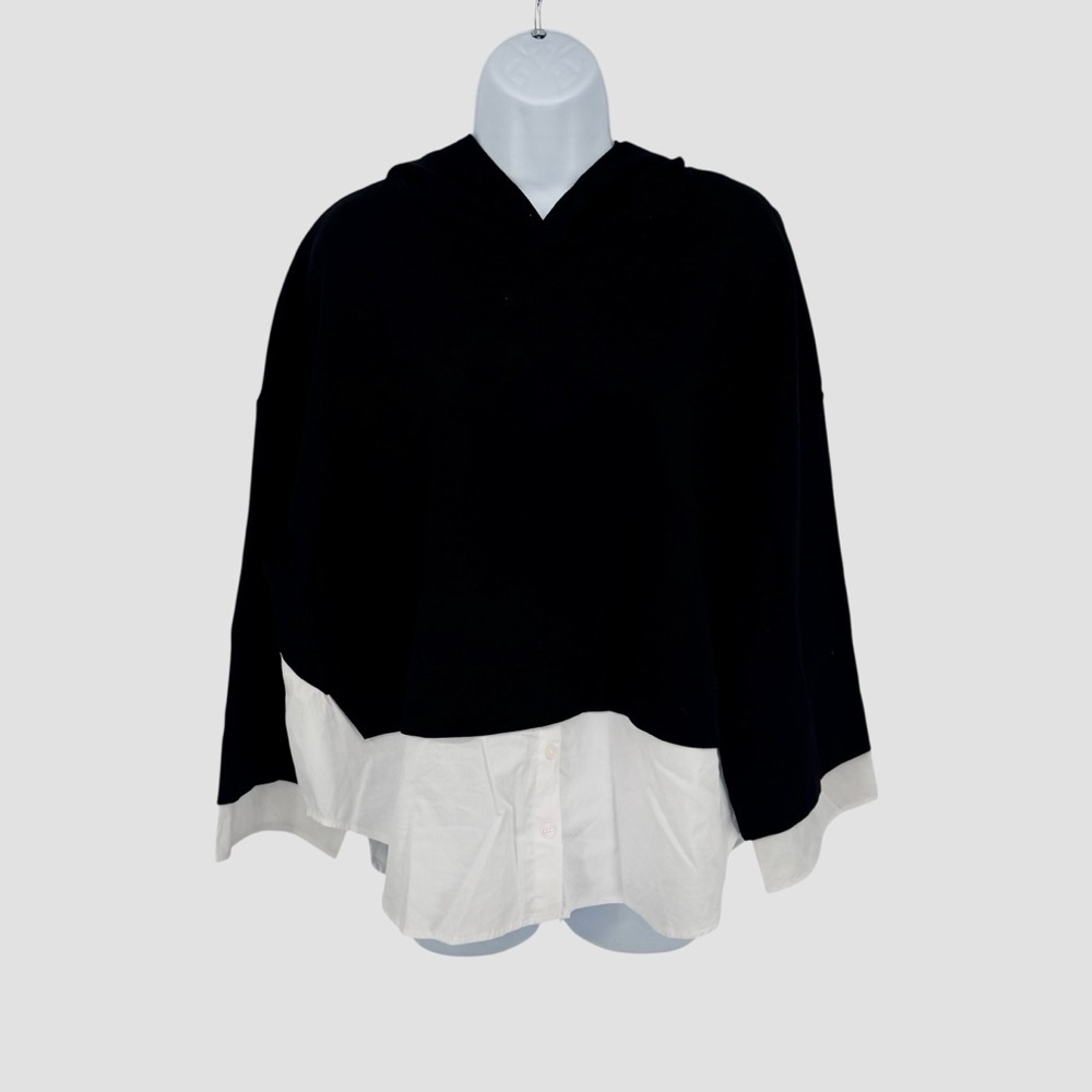 NWT Kenneth Cole Black Hooded Sweatshirt White Button Down Underneath Large